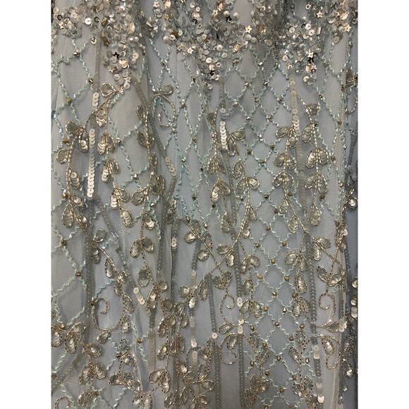 Aidan Mattox Beaded Off Shoulder Halter Gown Silver Blue Size 8 Hemmed - Picture 8 of 13